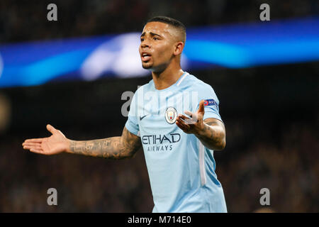 Manchester, UK. 7th March. 2018. Gabriel Jesus of Manchester City gestures during the UEFA Champions League Round of 16 match between Manchester City and FC Basel at the Etihad Stadium on March 7th 2018 in Manchester, England. Credit: PHC Images/Alamy Live News Stock Photo