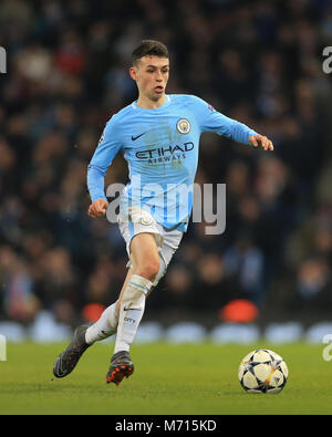 Manchester, UK. 7th March 2018 , Champions League Round of 16 leg 2, Manchester City versus FC Basel; Phil Foden #47 of Manchester City Stock Photo