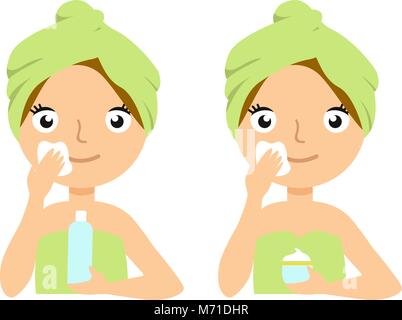 Beautiful Young Woman applying facial moisturizing cream. Set Stock Vector