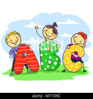 Vector Illustration of Stick Kids Behind an ABC Letters Standee in the field Stock Photo