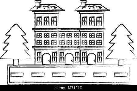 sketch of Street with houses and trees over white background, vector ...