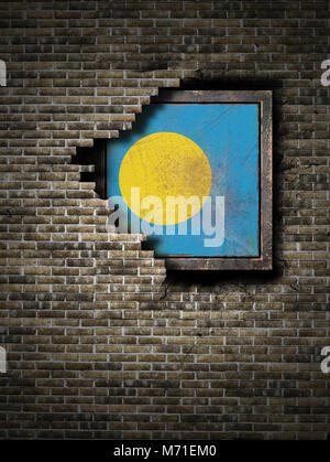 3d rendering of a Palau flag over a rusty metallic plate. Isolated on ...