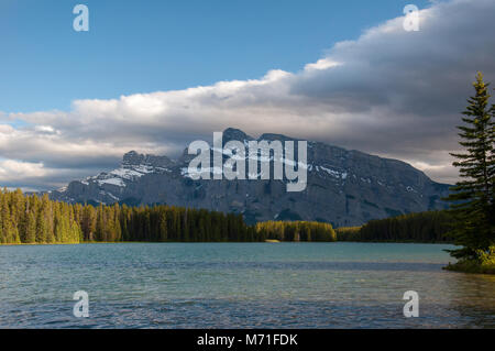 Two Jack Lake and Mount Rundle in Banff National Park, Alberta Stock Photo
