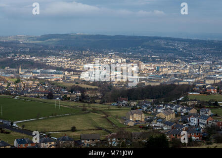 Aerial view of Huddersfield Town centre from castle Hill, Huddersfield, West Yorkshire, England, UK Stock Photo