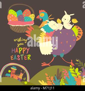 Easter chicken with easter eggs Stock Vector