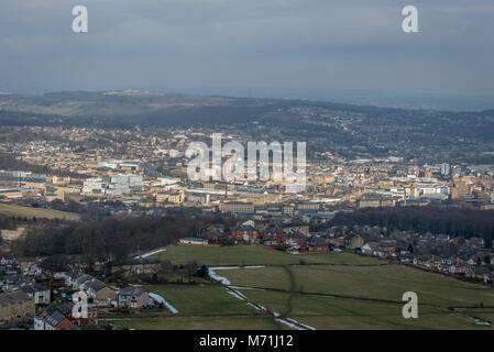Aerial view of Huddersfield Town centre from castle Hill, Huddersfield, West Yorkshire, England, UK Stock Photo