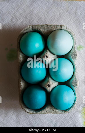 Dyeing eggs for Easter holidays, colored eggs with blue tint and different tonality ainside a package over a gray concrete background Stock Photo
