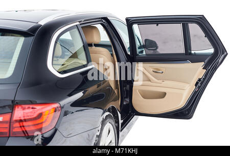 Open back door in modern car isolated on white background Stock Photo