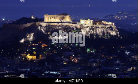 The Acropolis of Athens, taken on the blue hour of the day. Stock Photo