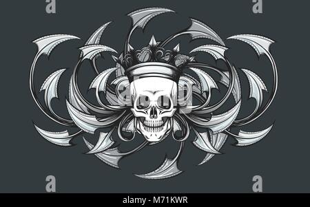 Skull in Crown on a Razor leaves ornament background drawn in tattoo style. Vector illustration Stock Vector