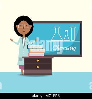 School chemistry teacher at the board over white background, colorful design. vector illustration Stock Vector
