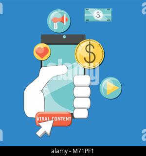 Viral content design with hand holding a smartphone device and related icons around over blue background, vector illustration Stock Vector