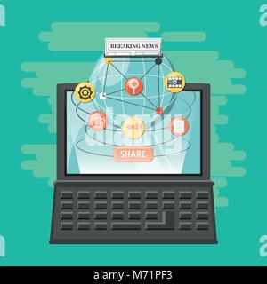 Viral content design with laptop computer and global sphere with related icons around over turquoise background, colorful design. vector illustration Stock Vector