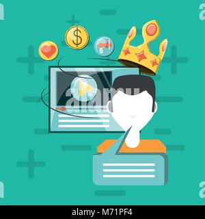 Viral content design with avatar man and related icons around over turquoise background, colorful design. vector illustration Stock Vector