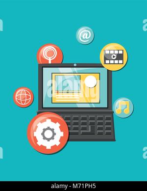 Viral content design with laptop computer and related icons around over turquoise background, colorful design. vector illustration Stock Vector
