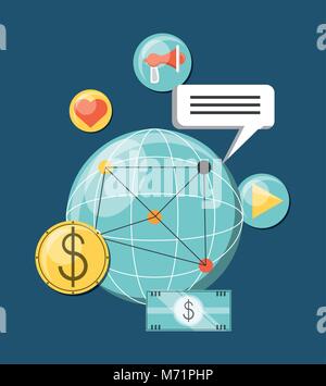 Global sphere with viral content related icons around over blue background, colorful design. vector illustration Stock Vector