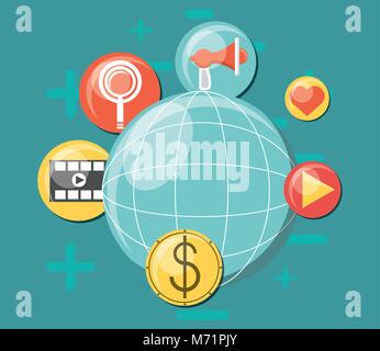 Global sphere with viral content related icons around over blue background, colorful design. vector illustration Stock Vector