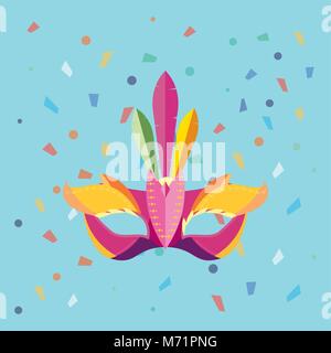 Carnival mask and decorative confetti around  over blue background, colorful design vector illustration Stock Vector
