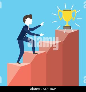 Businessman on the stairs trying to reach a trophy on the top over blue background, colorful design vector illustration Stock Vector