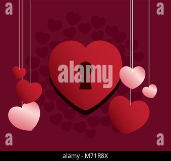 saint valentines day design with heart padlock and hearts hanging over red background, colorful design vector illustration Stock Vector