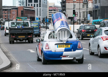 Red Bull energy drink promotion car mini cooper can liverpool merseyside Stock Photo