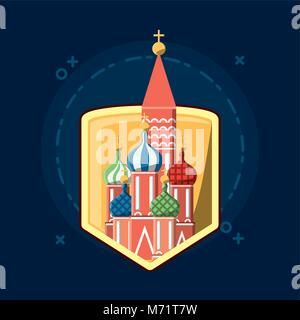 shield with Saint Basils Cathedral icon over blue background, colorful design vector illustration Stock Vector