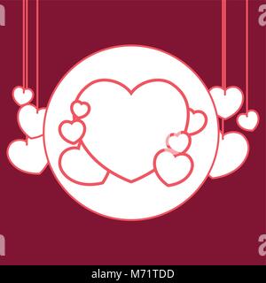 hearts hanging and white circle with a big heart over red background, colorful design vector illustration Stock Vector