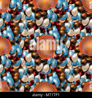Ocean shore with colored sea stones. Sea pebble with shells seamless pattern of different shapes. 10 eps Stock Vector