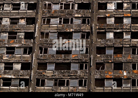 View of of burnt-out shell of Grenfell Tower housing before demolition after fire disaster in London,UK Stock Photo