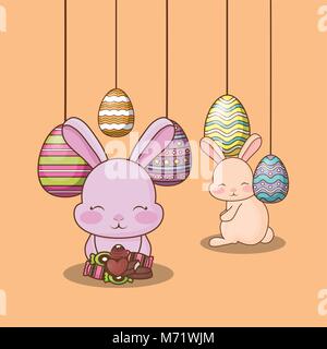 Happy easter design with cute bunnies and easter eggs hanging over orange background, colorful design vector illustration Stock Vector