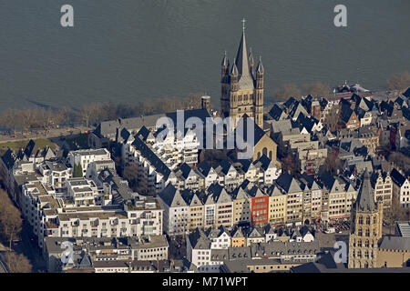 Aerial view, Cologne old town, Groß Sankt Martin church and Cologne town hall, Cologne, Rhineland, North Rhine-Westphalia, Germany, Europe, birds-eyes Stock Photo