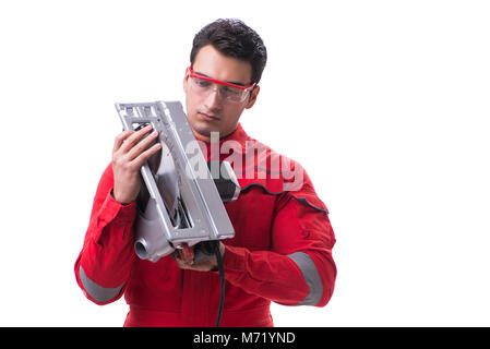 Male carpenter with circular saw in woodworking concept isolated on white Stock Photo