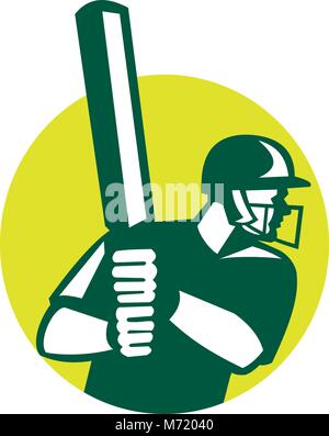 Icon retro style illustration of a cricket batsman batting viewed from side set inside circle on isolated background. Stock Vector
