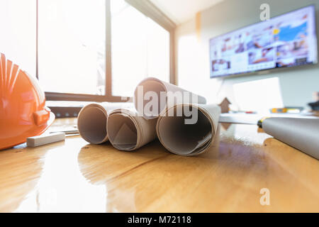 Engineer and Architect concept, Engineer Architects office team working with blueprints Stock Photo