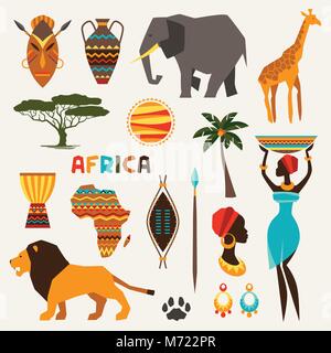 Set of african ethnic style icons in flat style Stock Vector