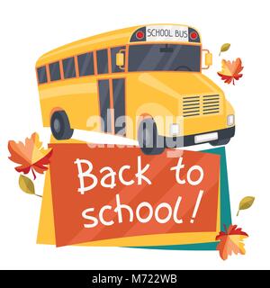 Back to school background with illustration of yellow bus Stock Vector