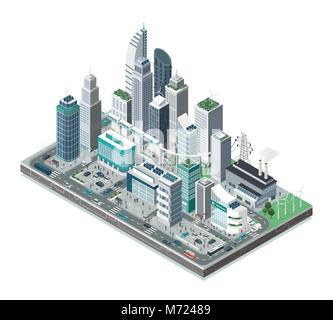 Smart city with skyscrapers, people and transport on white background, innovation and urban technology concept Stock Vector