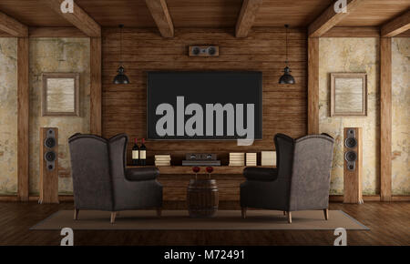 Home cinema in rustic style with two leather classic armchairs ,old wall and wooden beams - 3d rendering Stock Photo
