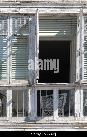 First floor old white painted balconies, Aguilar de Campoo; Palencia; Spain Stock Photo