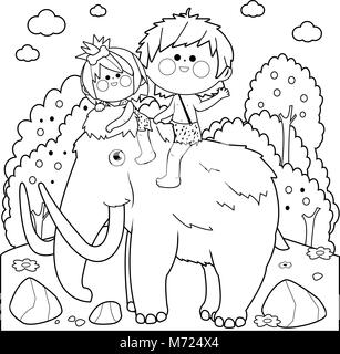 Prehistoric landscape with children riding a mammoth. Black and white coloring book page Stock Vector