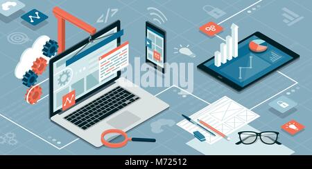 Web design, development and information technology: laptop, smartphone and tablet on an isometric desktop Stock Vector