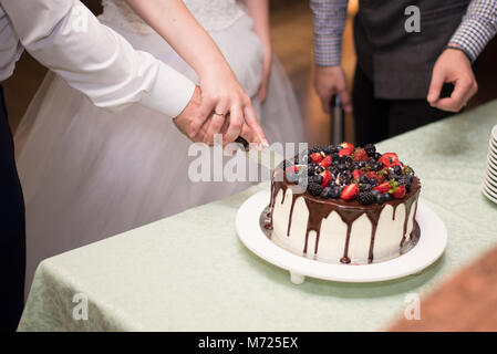 Chocolate cake with berries on a white plate Stock Photo