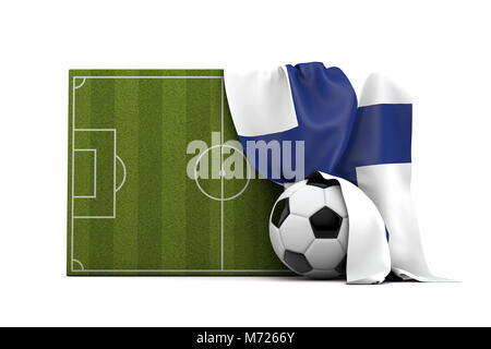 Finalnd country flag draped over a football soccer pitch and ball. 3D Rendering Stock Photo
