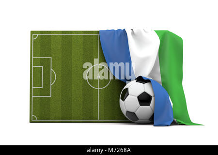 Sierra Leone country flag draped over a football soccer pitch and ball. 3D Rendering Stock Photo