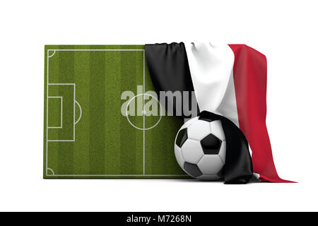 Yemen country flag draped over a football soccer pitch and ball. 3D Rendering Stock Photo