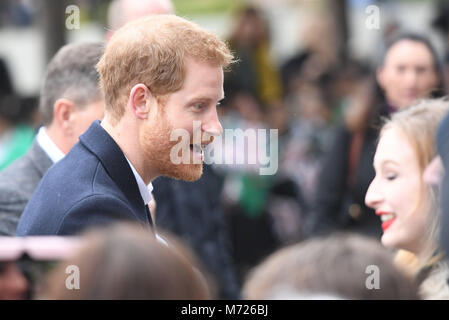 Prince Harry on a walkabout during a visit to Millennium Point in Birmingham, as part of the latest leg in the regional tours he and Meghan Markle are undertaking in the run-up to their May wedding. Stock Photo