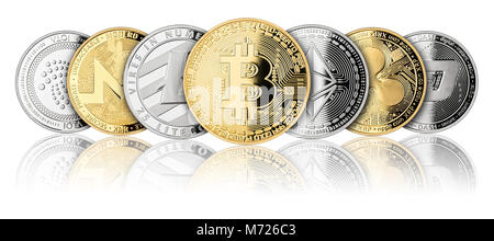 crypto currency coin panorama set collection row silver gold isolated on white background bitcoin ethereum monero dash litecoin ripple iota Stock Photo