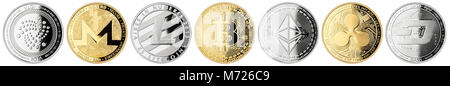 crypto currency coin set collection silver gold isolated on white panorama background bitcoin ethereum monero dash litecoin ripple iota Stock Photo