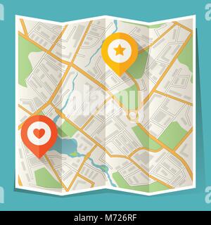 Abstract city folded map with location markers Stock Vector