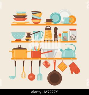 Card with kitchen shelves and cooking utensils in retro style Stock Vector